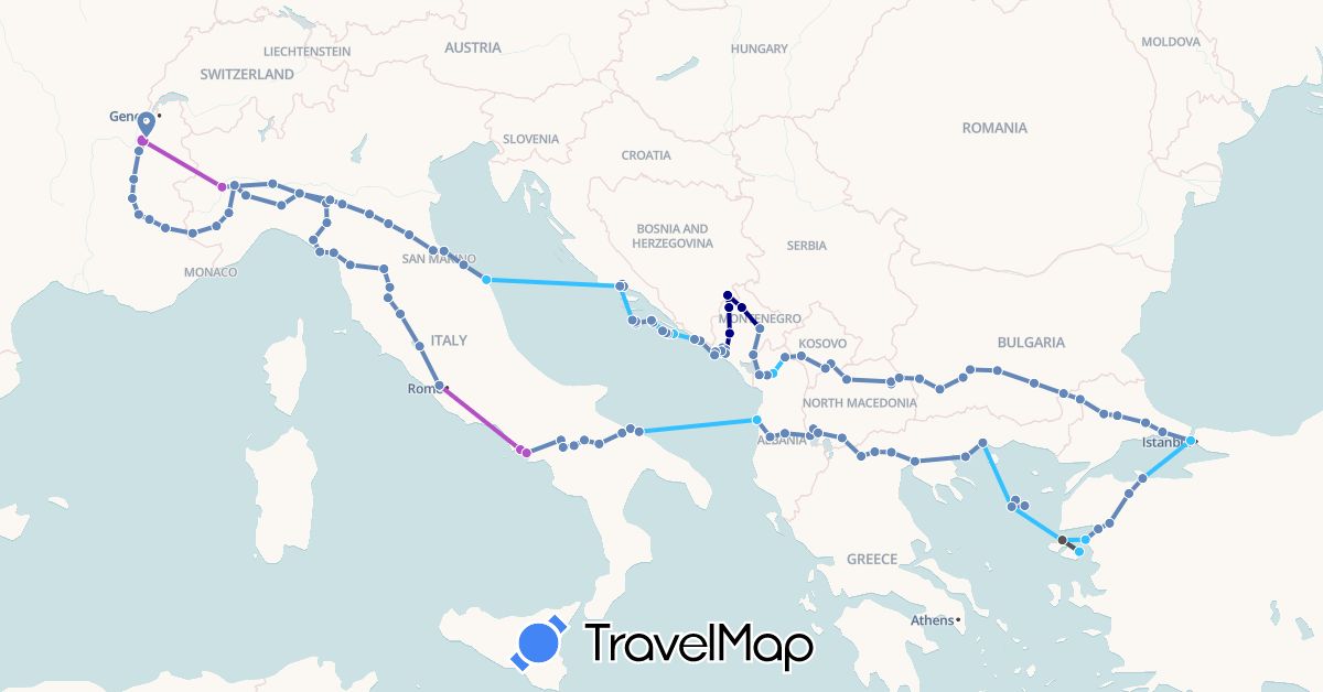 TravelMap itinerary: driving, cycling, train, boat, motorbike in Albania, Bosnia and Herzegovina, Bulgaria, France, Greece, Croatia, Italy, Montenegro, Macedonia, Turkey, Kosovo (Asia, Europe)